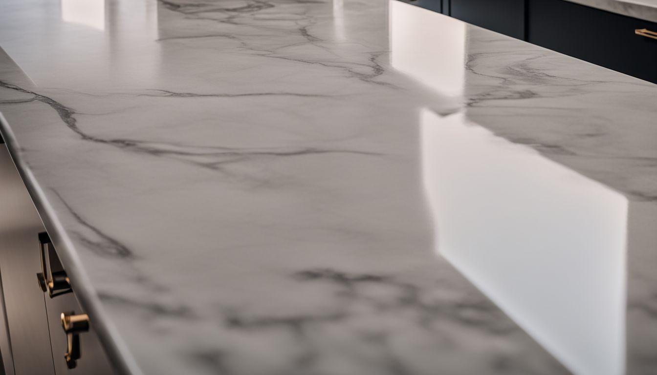 A close-up of a marble countertop with a clear sealant.