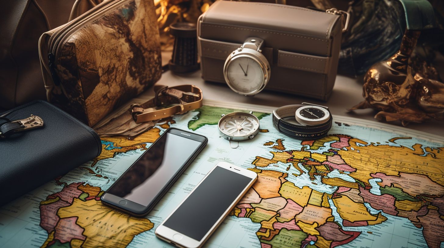 An image featuring a collection of innovative travel gadgets showcased against a world map background in stunning macro photography, symbolizing the intersection of travel technology and the world as your playground.