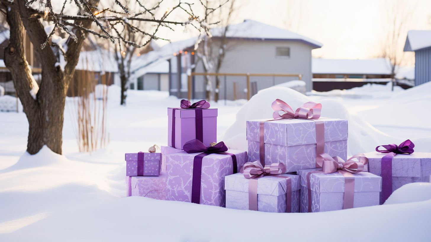 An image showcasing a picturesque winter scene through landscape photography, highlighting colorful gift boxes on a snowy doorstep, symbolizing the beauty of the season and the delight of gift-giving.