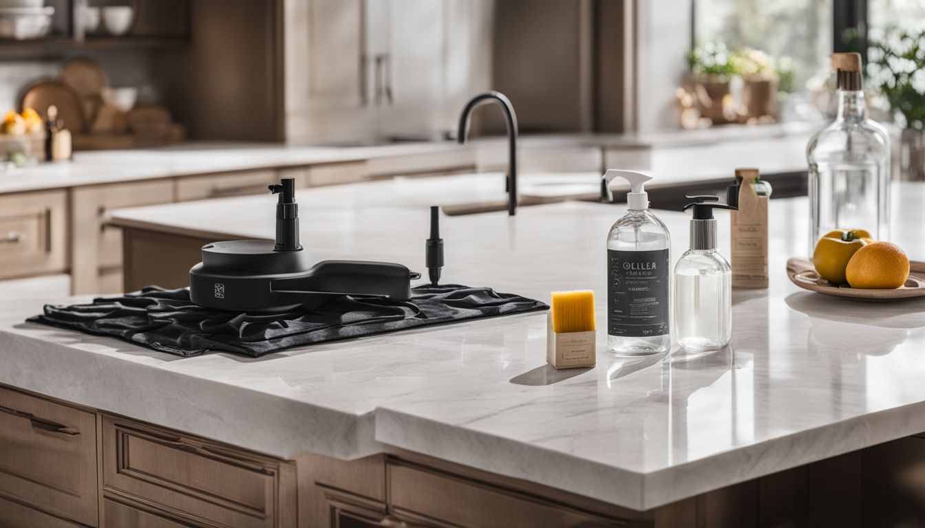 A photo of a clean marble countertop with cleaning products in a kitchen setting.
