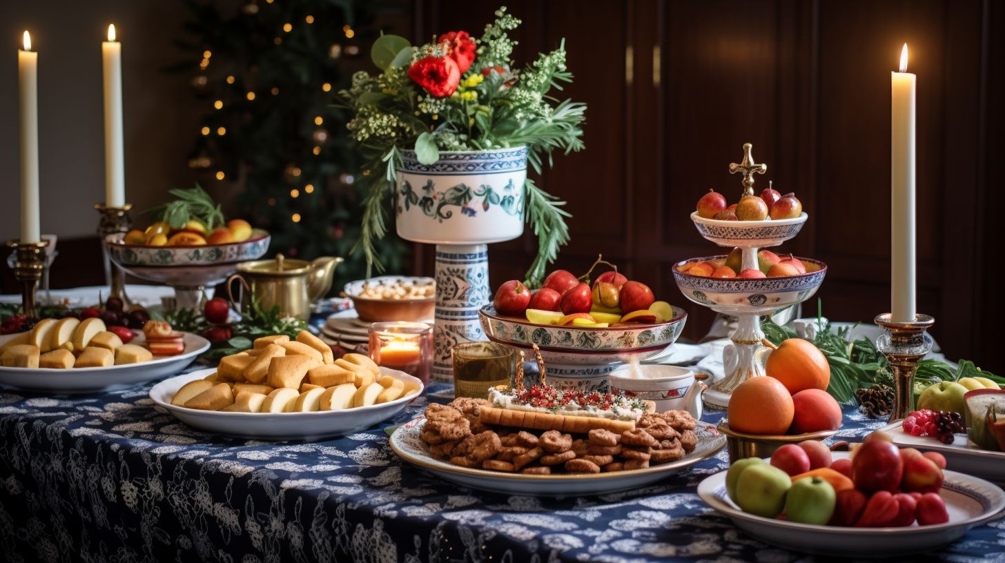 An image showcasing a table beautifully decorated with delicious and colorful Christmas dishes, symbolizing the indulgence and visual delight of the holiday season's culinary delights.