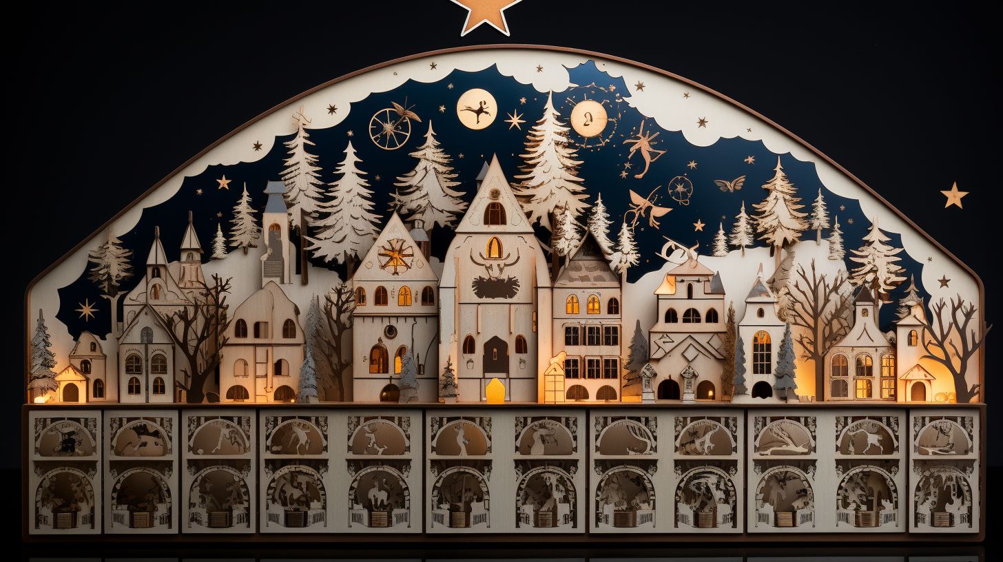 An image showcasing a beautifully decorated wooden Advent calendar with joyful ornaments, symbolizing the anticipation and joy of counting down to the holiday season.