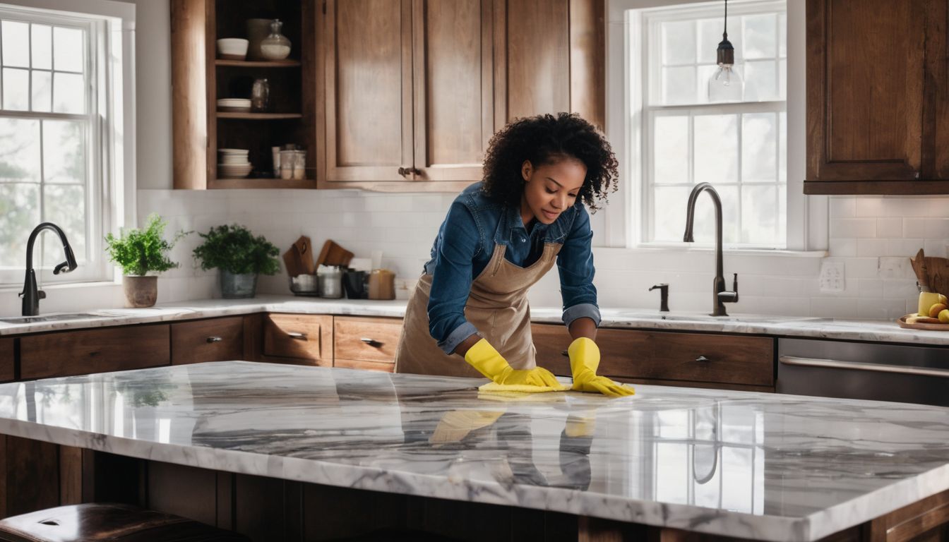 A person cleans a marble countertop using protective gloves and a cloth.