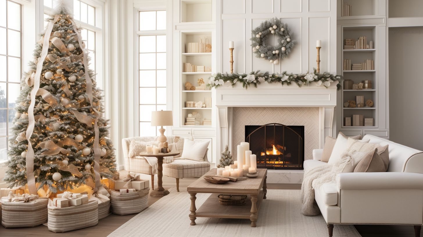 An image showcasing a festive living room adorned with a Christmas tree and cozy seating arrangements, symbolizing the charm and joy of the holiday season, where cherished moments are created with loved ones in a cozy setting.