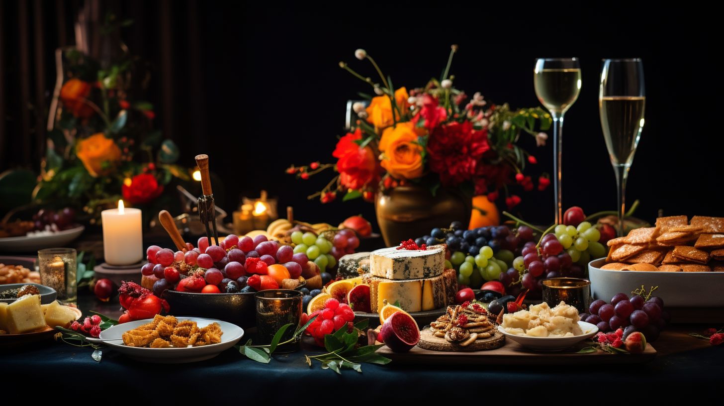 An image depicting a beautifully decorated holiday table with a variety of delicious food, symbolizing the indulgence and visual appeal of festive feasting during the holiday season.