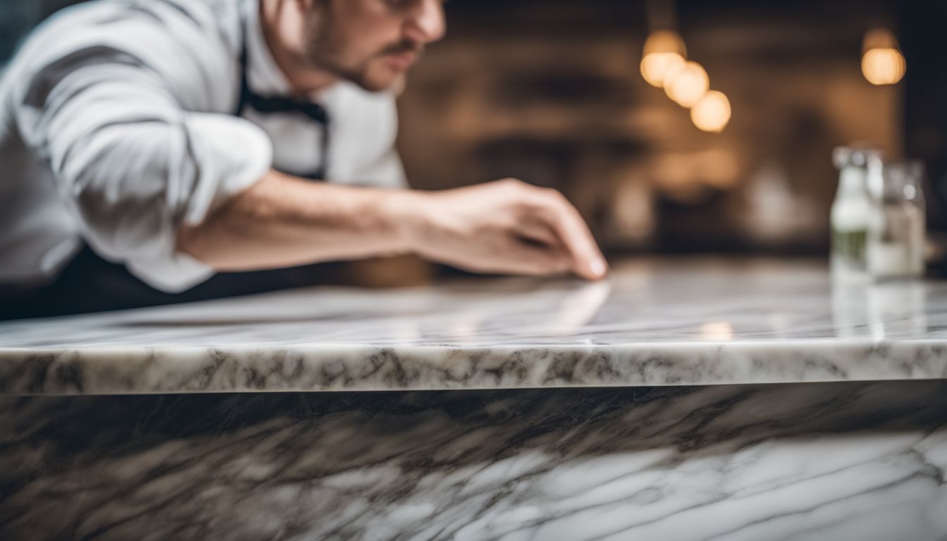 A close-up of a marble countertop being professionally sealed.