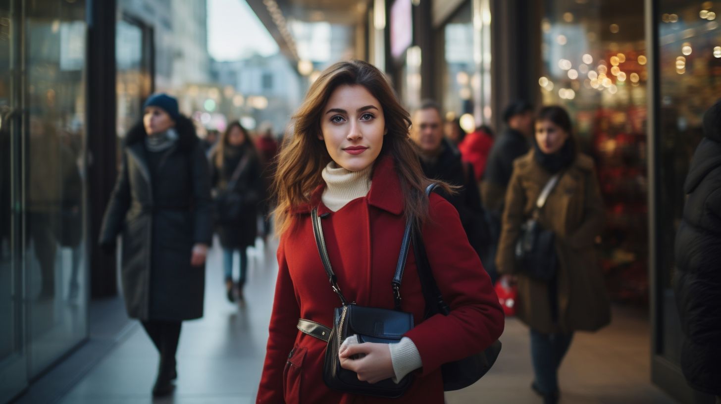 An image depicting a woman confidently walking through a bustling city with a safety alarm in hand, symbolizing urban self-assurance and the importance of personal security.