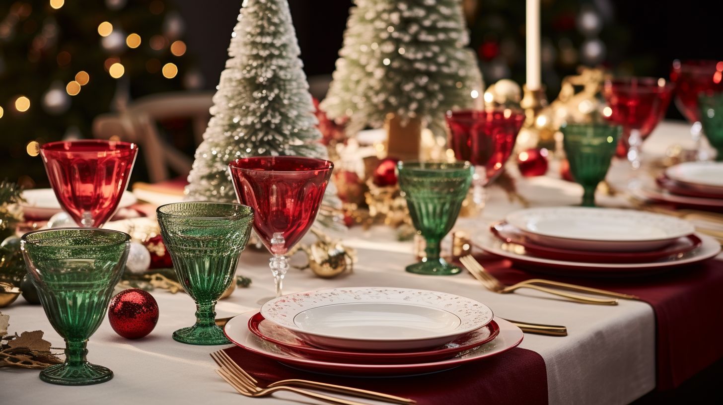 An image showcasing a Christmas dining table beautifully adorned with colorful decorations and tableware, symbolizing the charm and joy of the holiday season, where cherished moments are shared around delicious meals with loved ones.
