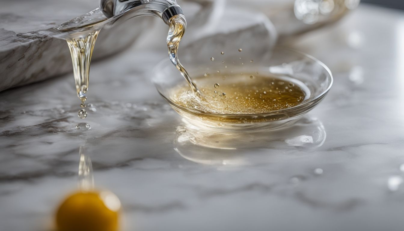 A photo showing mineral oil and water drops on a marble countertop.
