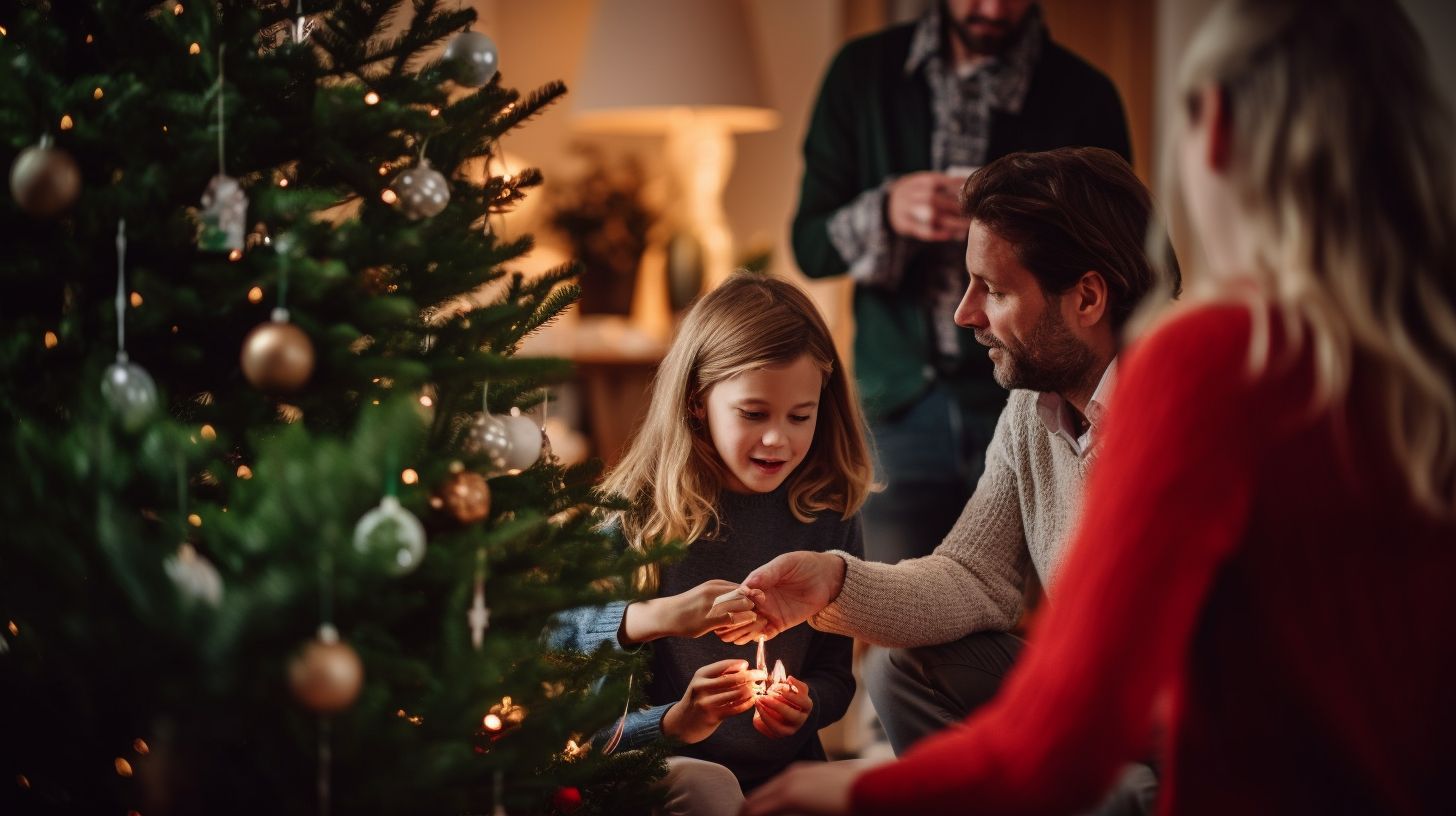 An image depicting a family decorating a Christmas tree in a cozy living room, radiating warmth and joy, symbolizing the beauty of the Advent season and the cherished moments created with loved ones.