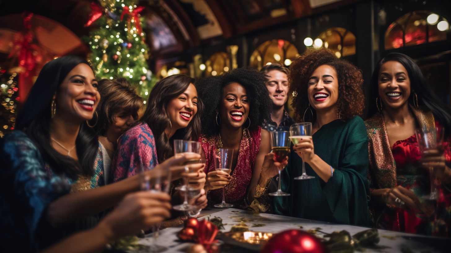 An image showcasing a diverse group of friends in festive attire raising a toast to celebrate in a beautifully decorated Christmas party venue, symbolizing unity, diversity, and the joy of shared moments during the holiday season.