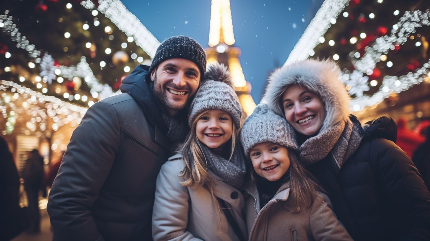 A visual representation of last-minute shoppers, a joyful family, as they immerse themselves in a bustling Christmas market, emblematic of togetherness, festive merriment, and the crafting of cherished memories during the holiday season.