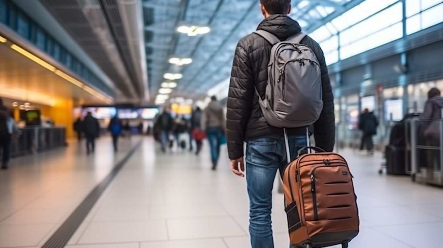An image capturing a traveler strolling through the airport with a DSLR camera, a stylish backpack, and a rolling suitcase, symbolizing the spirit of adventure and modern travel.