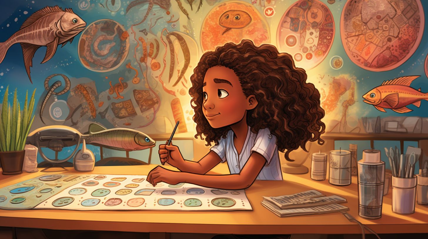 An image showcasing a young girl surrounded by experiments, fossils, and a microscope as she unfolds a Science-Themed Calendar for Kids, symbolizing the spirit of curiosity and hands-on scientific exploration for young minds.