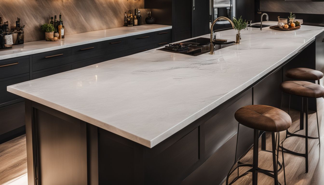 A photo of marble countertops with crossed out harsh chemicals and sealants.
