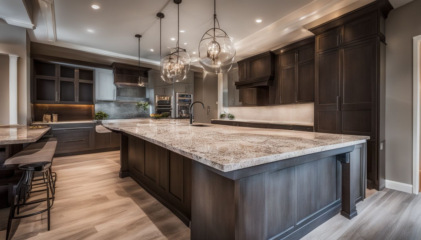 A DIY project shows the installation process of quartz and granite countertops.