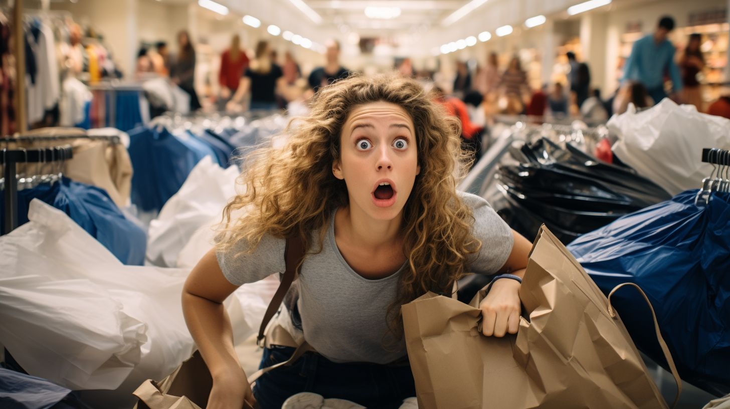 An image of a woman multitasking with shopping bags, a to-do list, and a mirrorless camera, symbolizing the art of balancing a hectic lifestyle and capturing life's moments in the midst of chaos.