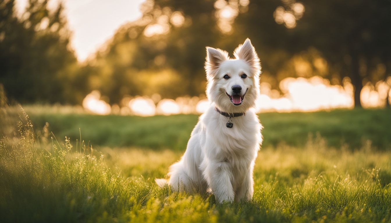 A lively dog stands on lush green grass in a vibrant setting.