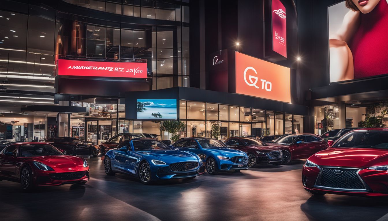 A dealership digital sign displays a captivating advertisement featuring cityscape photography and diverse individuals with different hairstyles and outfits.