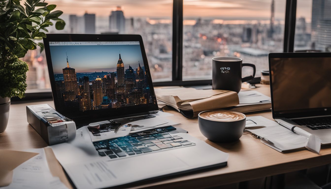 A desk with CVs, a laptop, and a cup of coffee in a bustling cityscape.