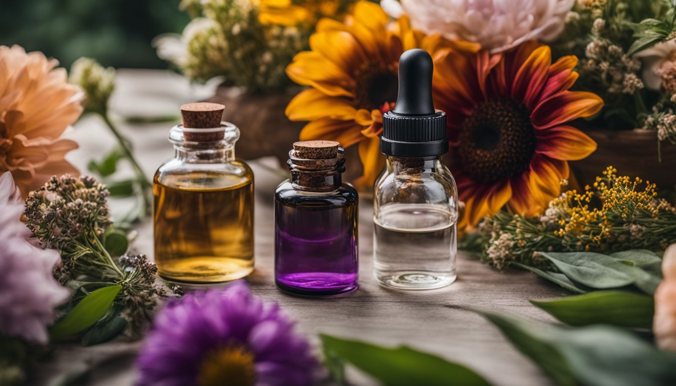A photo of essential oils and botanicals surrounded by fresh flowers.
