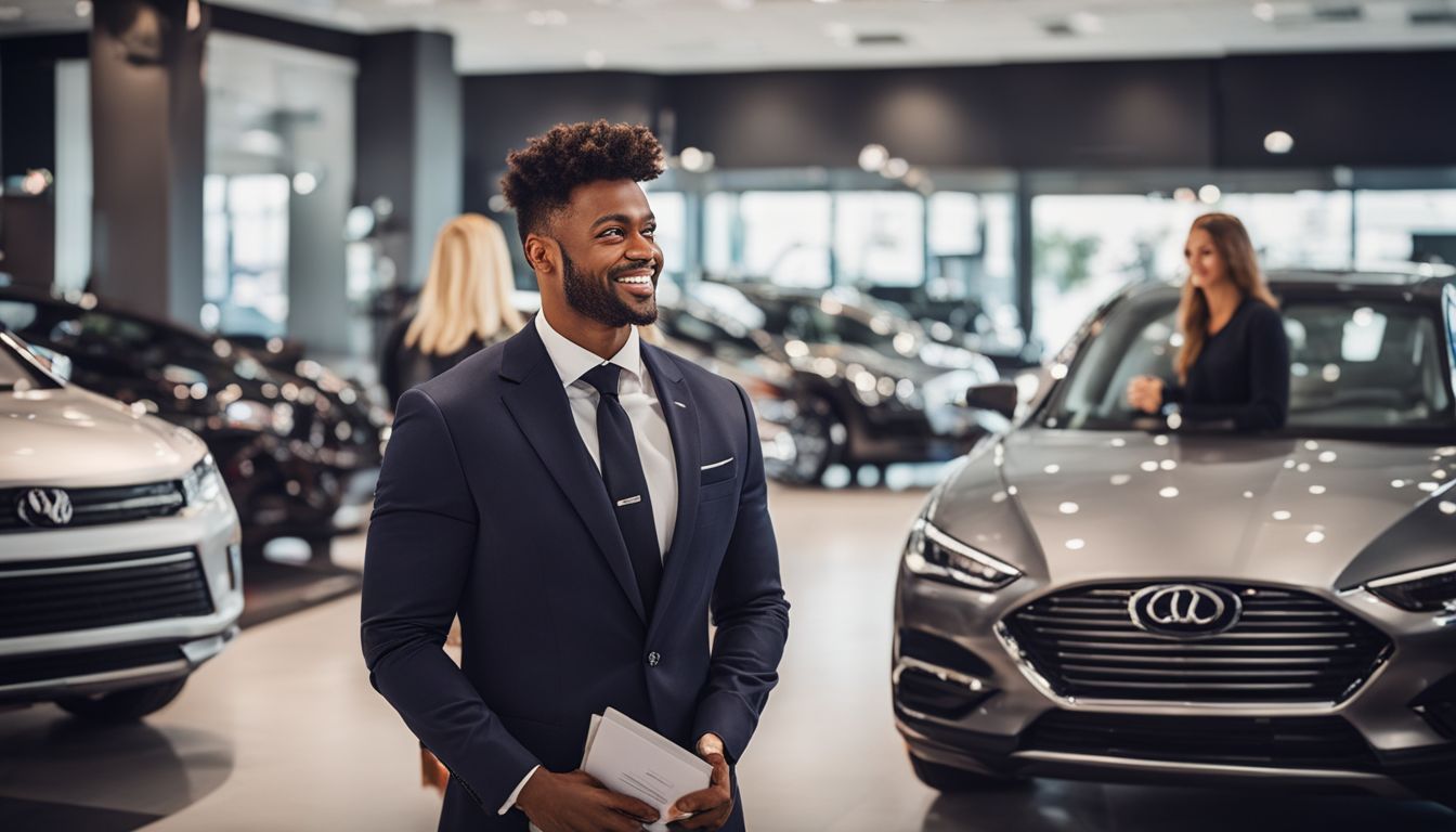 A helpful car dealership employee assists a satisfied customer in a well-lit and bustling atmosphere.