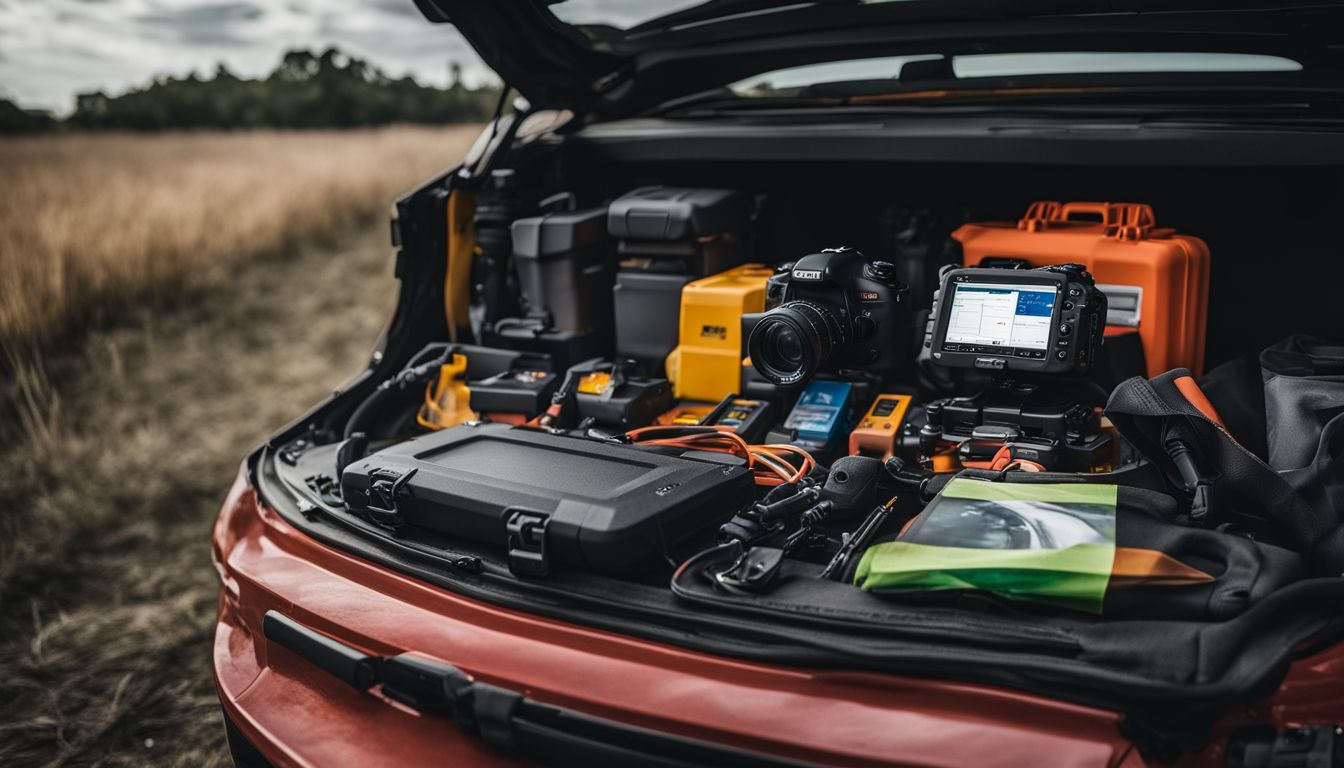 A GPS tracking device is attached to a service technician's vehicle, surrounded by a toolbox and field service equipment.
