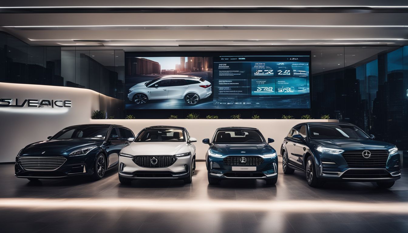 A digital car salesboard displays real-time data in a bustling modern car dealership.