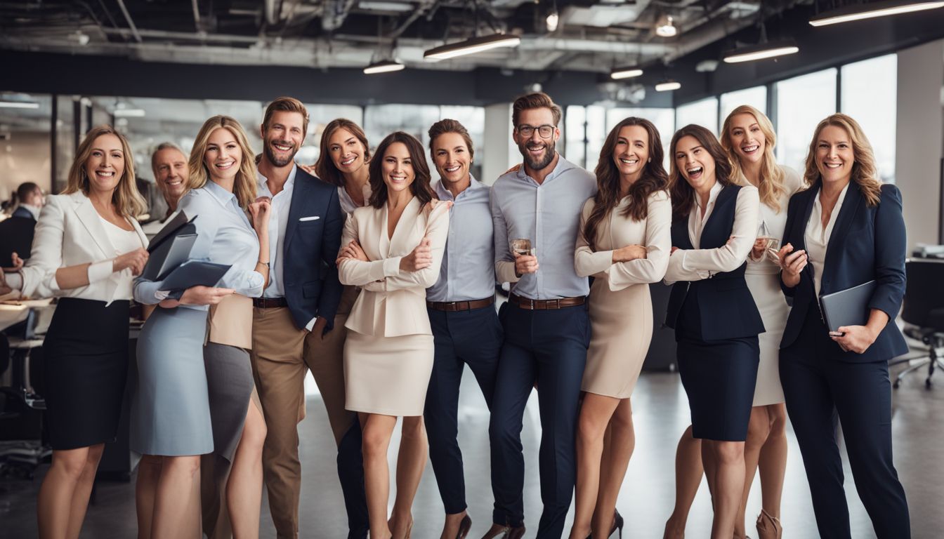 A diverse sales team celebrates success in a modern office space.