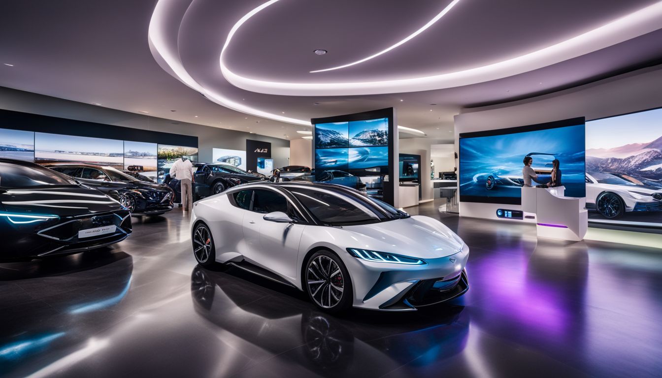 A futuristic car showroom with interactive digital signage and a customer engaging with the displays.