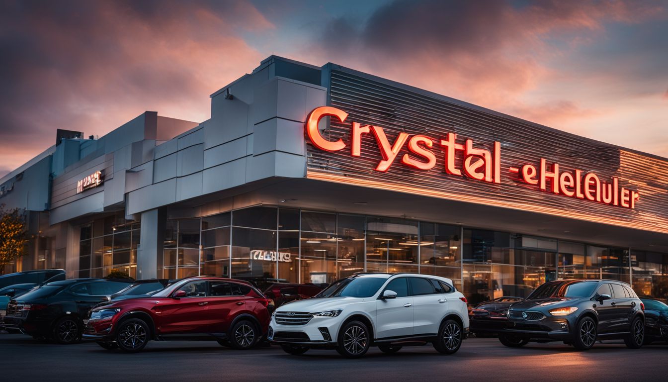 A busy auto dealership with an illuminated sign and diverse customers, captured in a high-quality photograph.