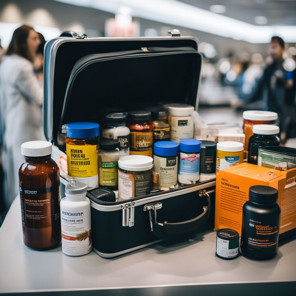 A suitcase filled with supplements, including creatine, in an airport security screening.