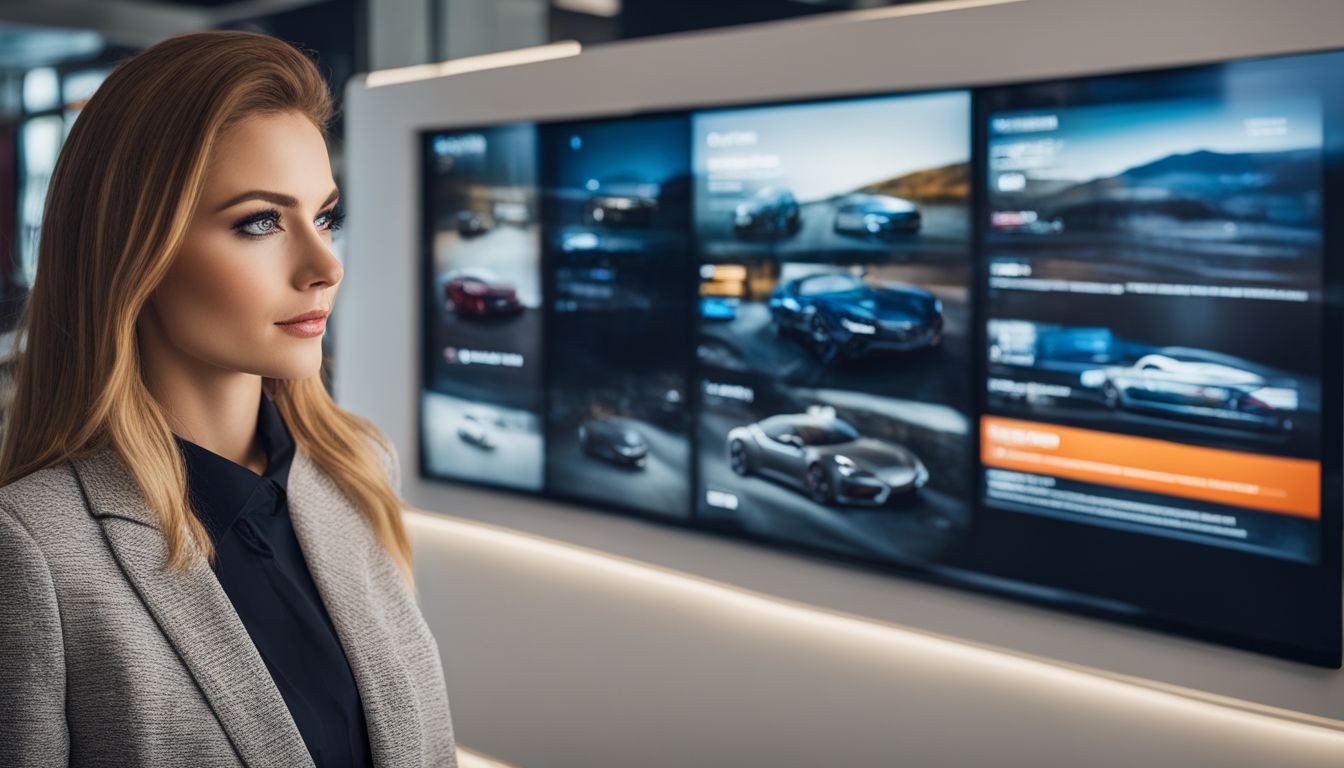 A customer in a car dealership showroom looking at a digital sign displaying information about different car models.