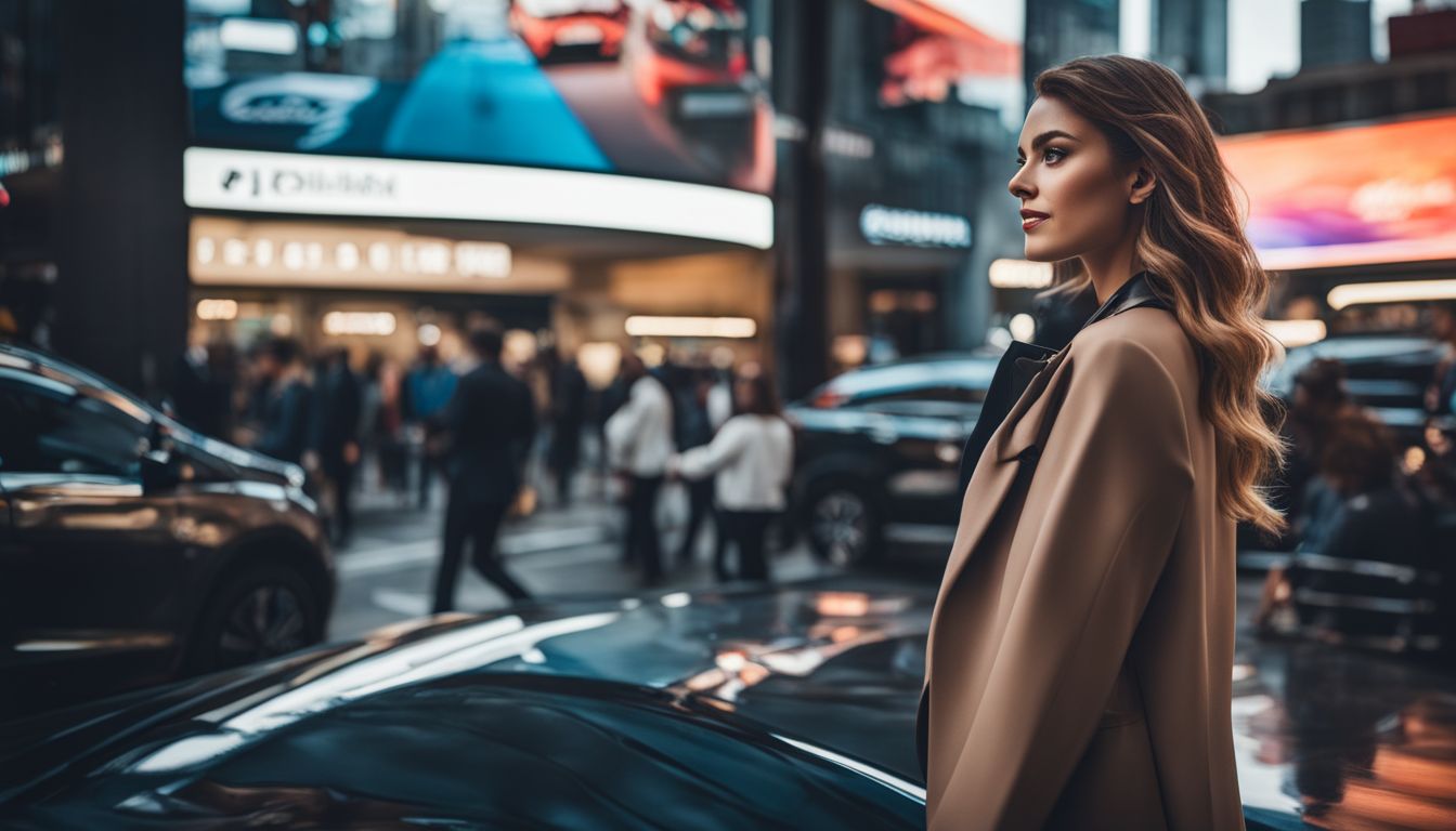 A woman stands in front of a digital signage screen displaying vehicles and promotions in a bustling cityscape photography scene.
