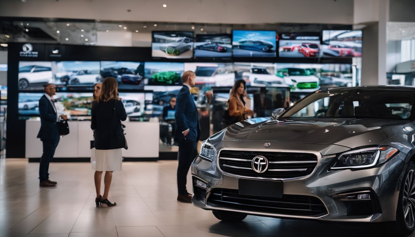 A diverse group of people interact with digital signage in a bustling car dealership.
