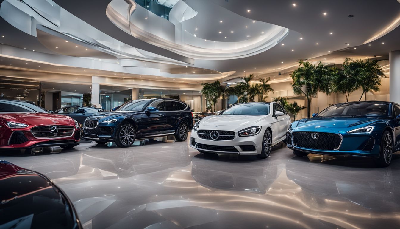 A photo of various car models parked in a dealership's showroom with a bustling atmosphere.