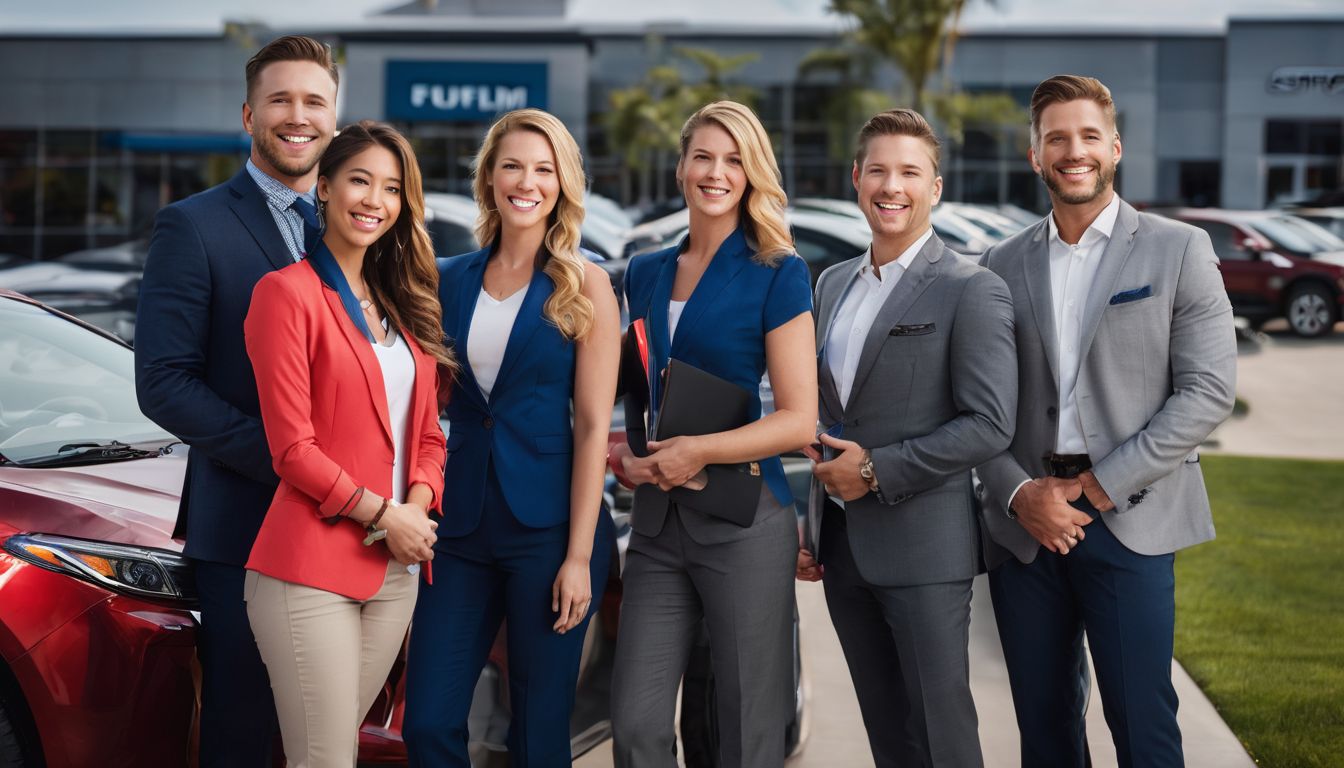 A diverse group of car dealership employees smiling and holding customer testimonials in a well-lit studio.