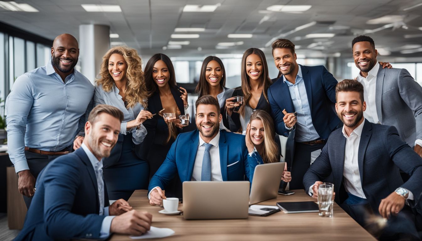 A group of diverse salespeople celebrating success in a well-lit office environment.