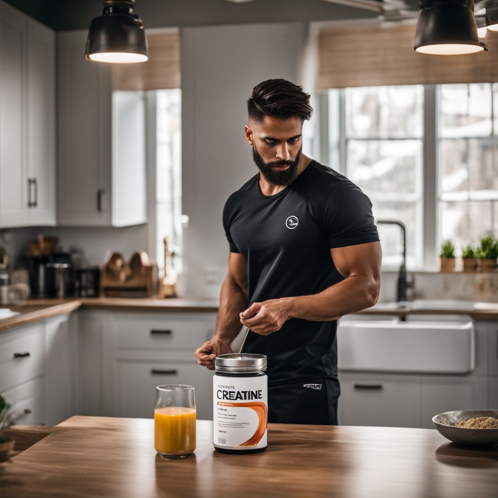 A person holds a container of creatine powder in a modern kitchen.