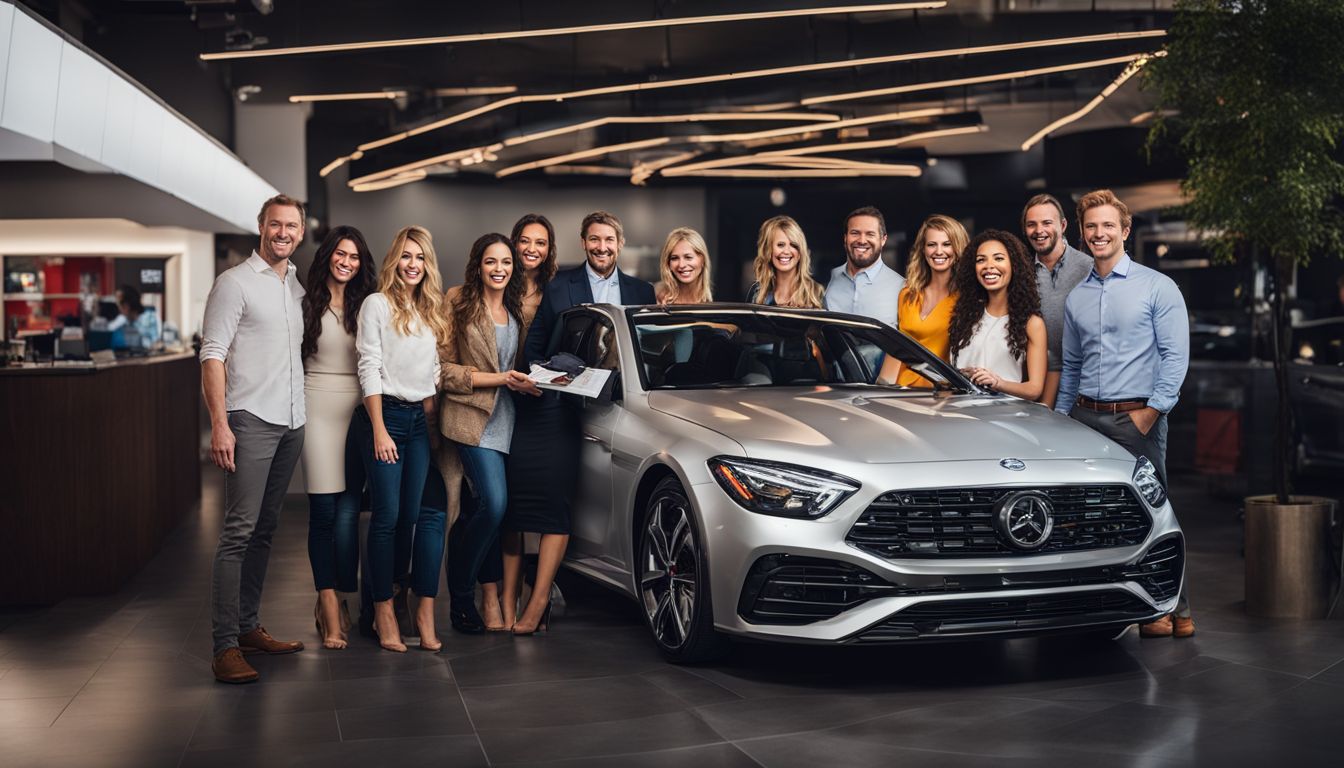 A diverse group of customers at a car dealership holding surveys and smiling for the camera.