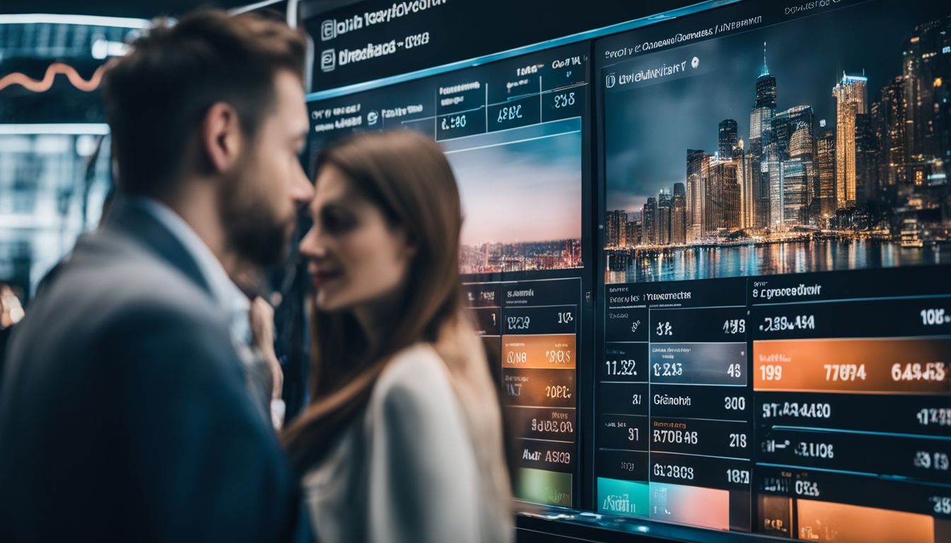 A close-up shot of a digital salesboard displaying sales performance metrics, with people of different appearances and a bustling atmosphere.