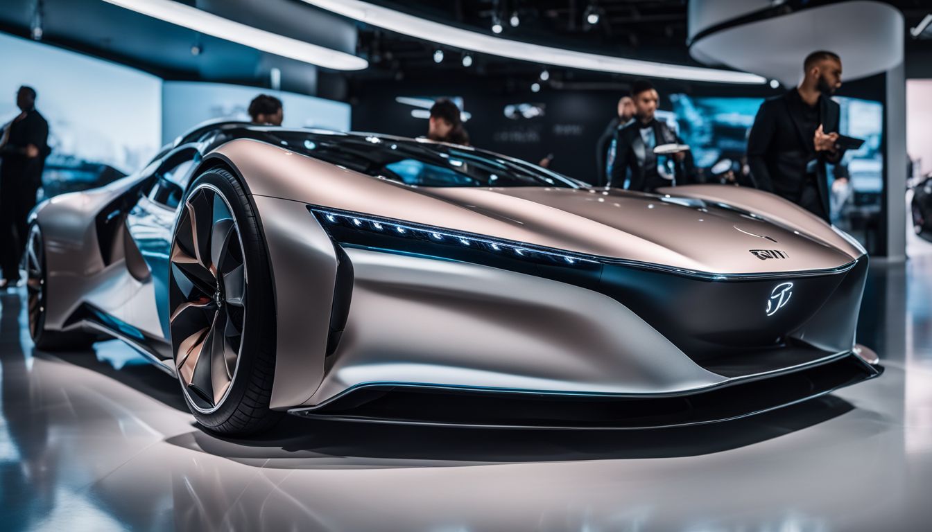 A futuristic car is showcased in a modern showroom with various people and styles.