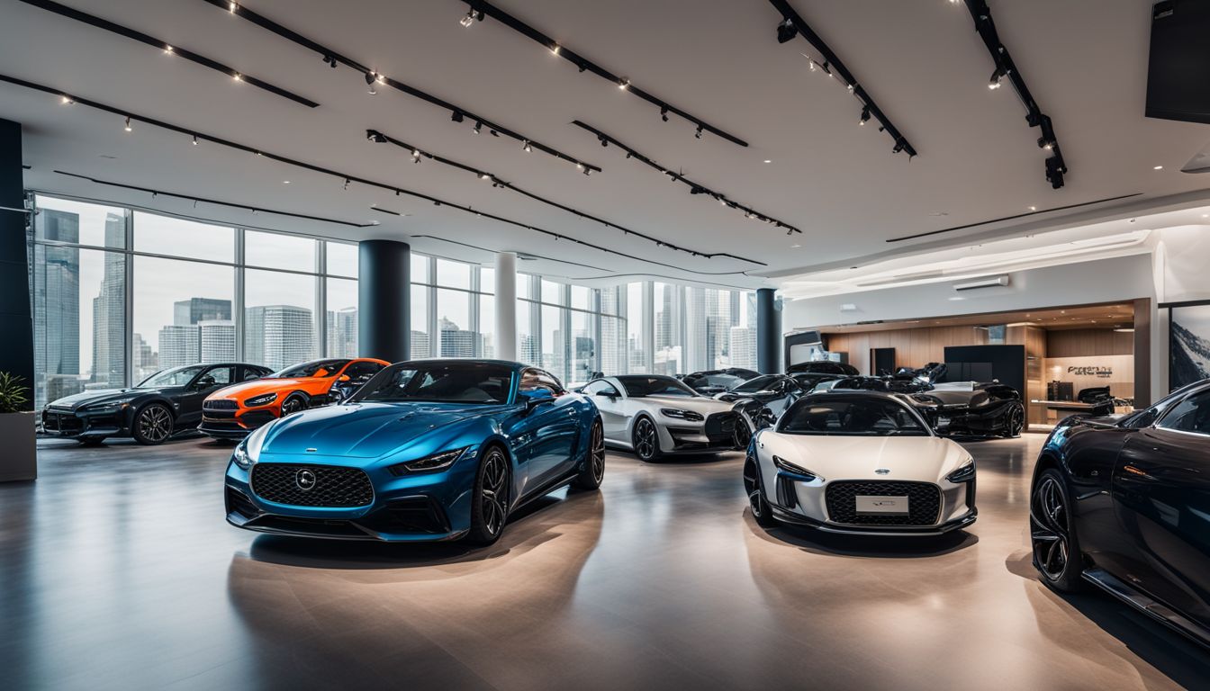 A luxury car dealership showcasing sleek, modern cars in a well-lit showroom with a bustling atmosphere.