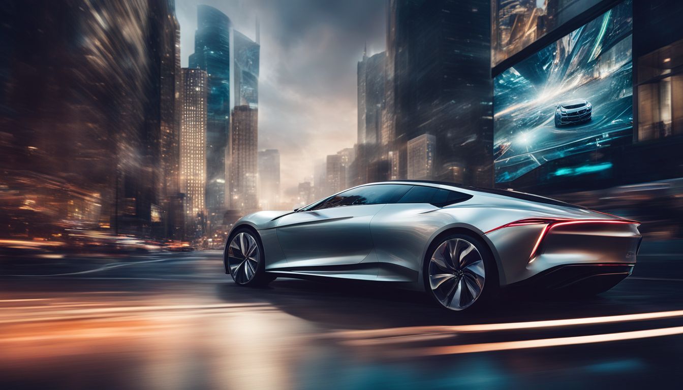 A digital signage screen displays a futuristic cityscape background with a sleek car model.