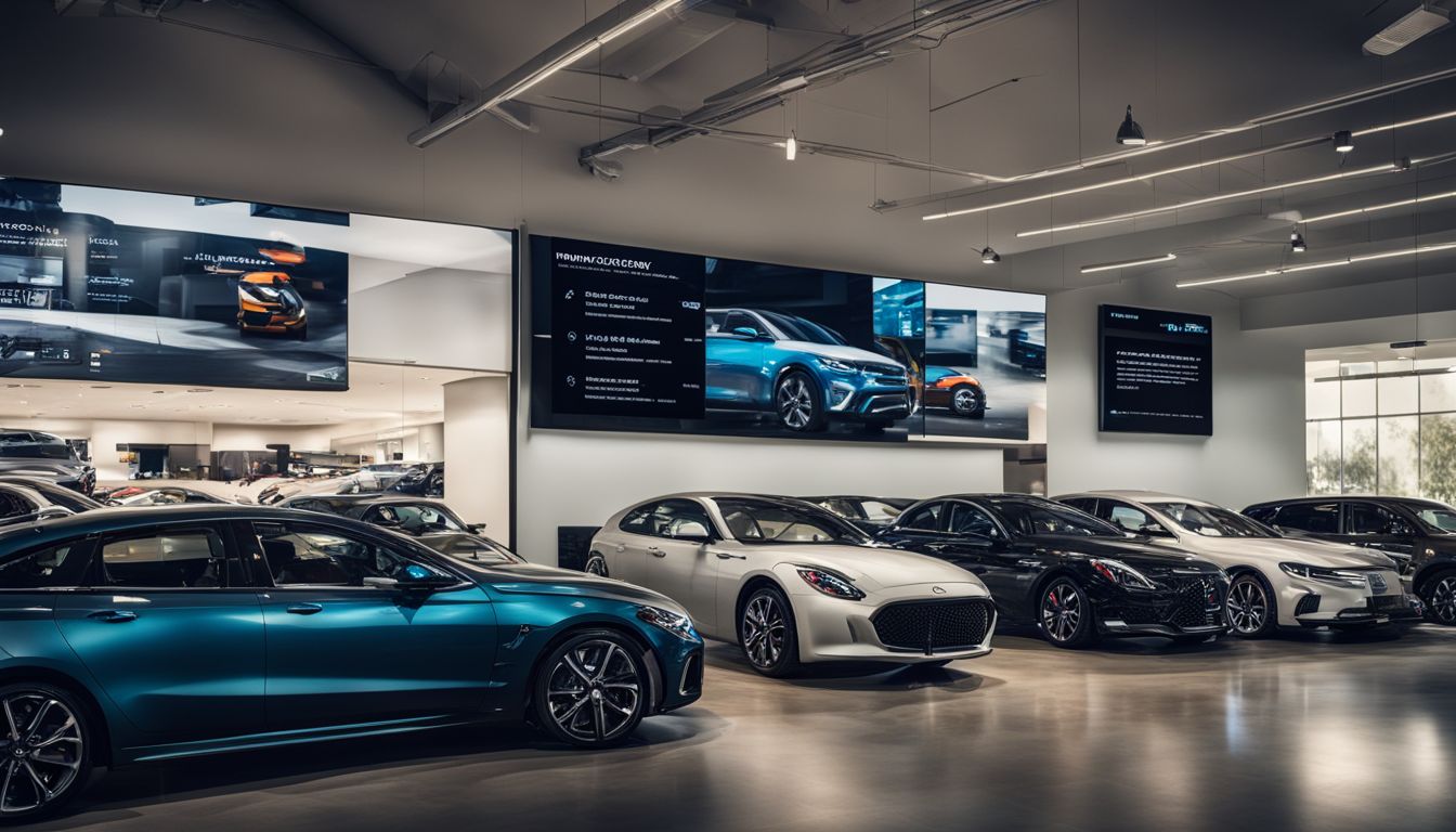 A car dealership showroom showcasing real-time inventory updates and personalized messaging on digital signage.