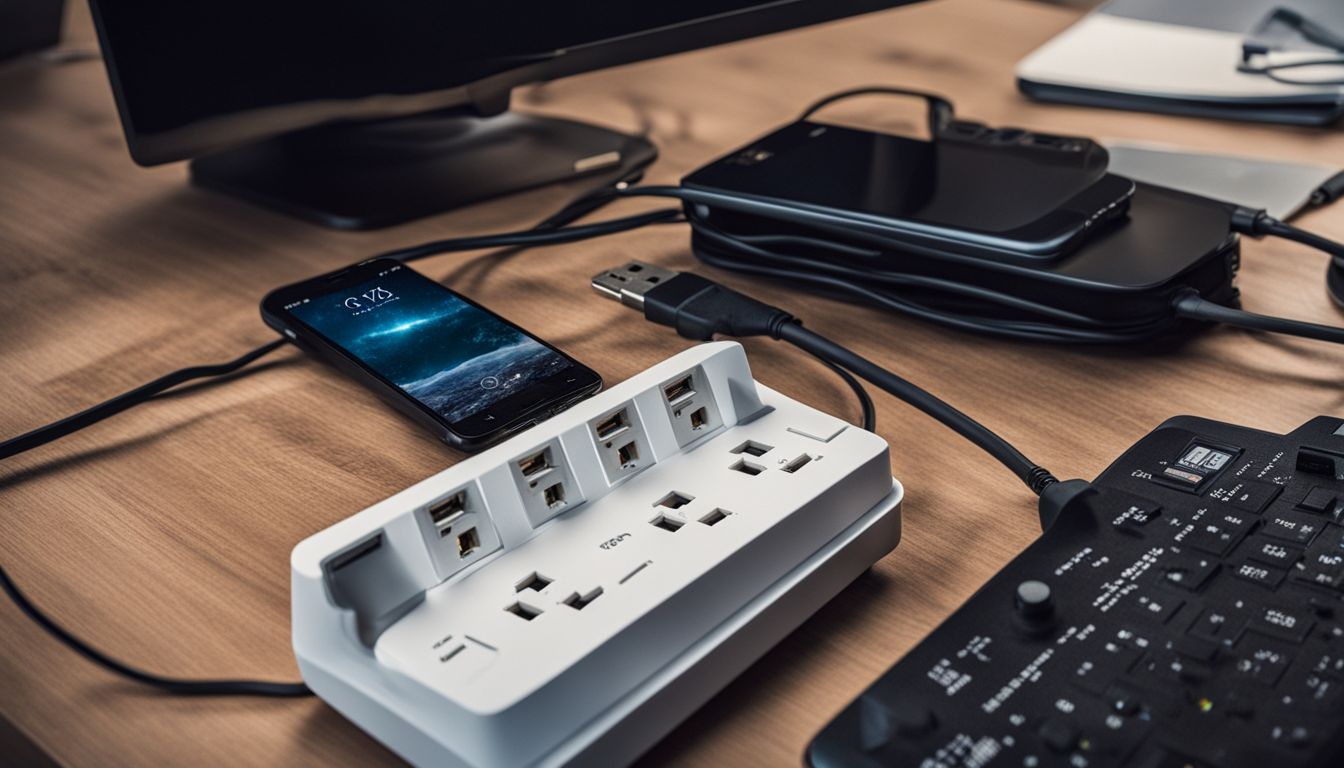 A power surge protector with multiple outlets and USB ports surrounded by electronic devices.