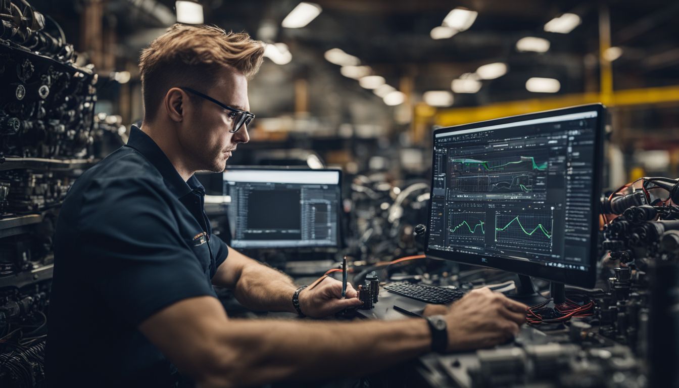 A service technician analyzing data on a computer surrounded by car engine parts in a bustling atmosphere.