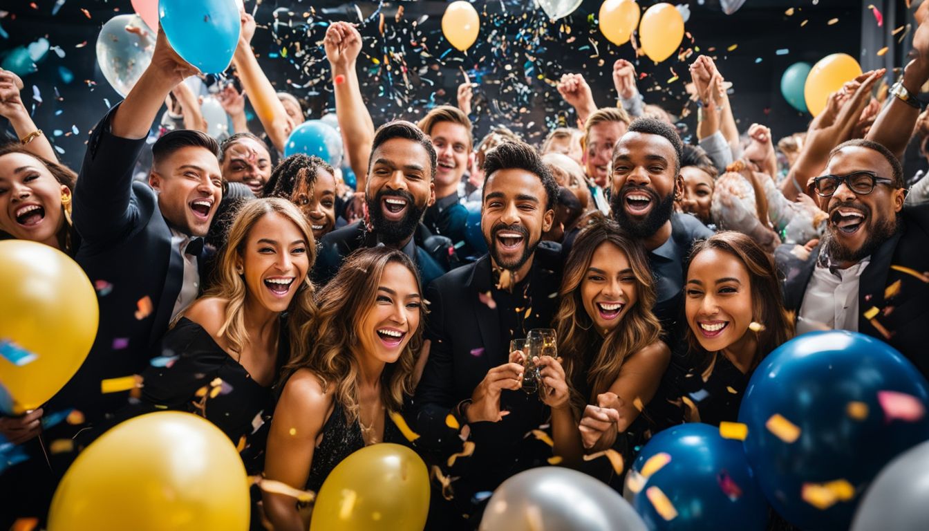 A diverse group of employees celebrates their success at a corporate event surrounded by balloons and confetti.
