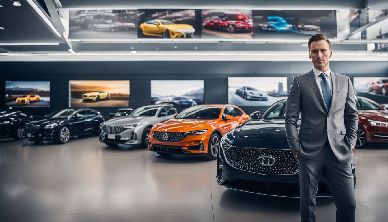 A car salesman stands in front of a digital sign showcasing different car models in a bustling atmosphere.