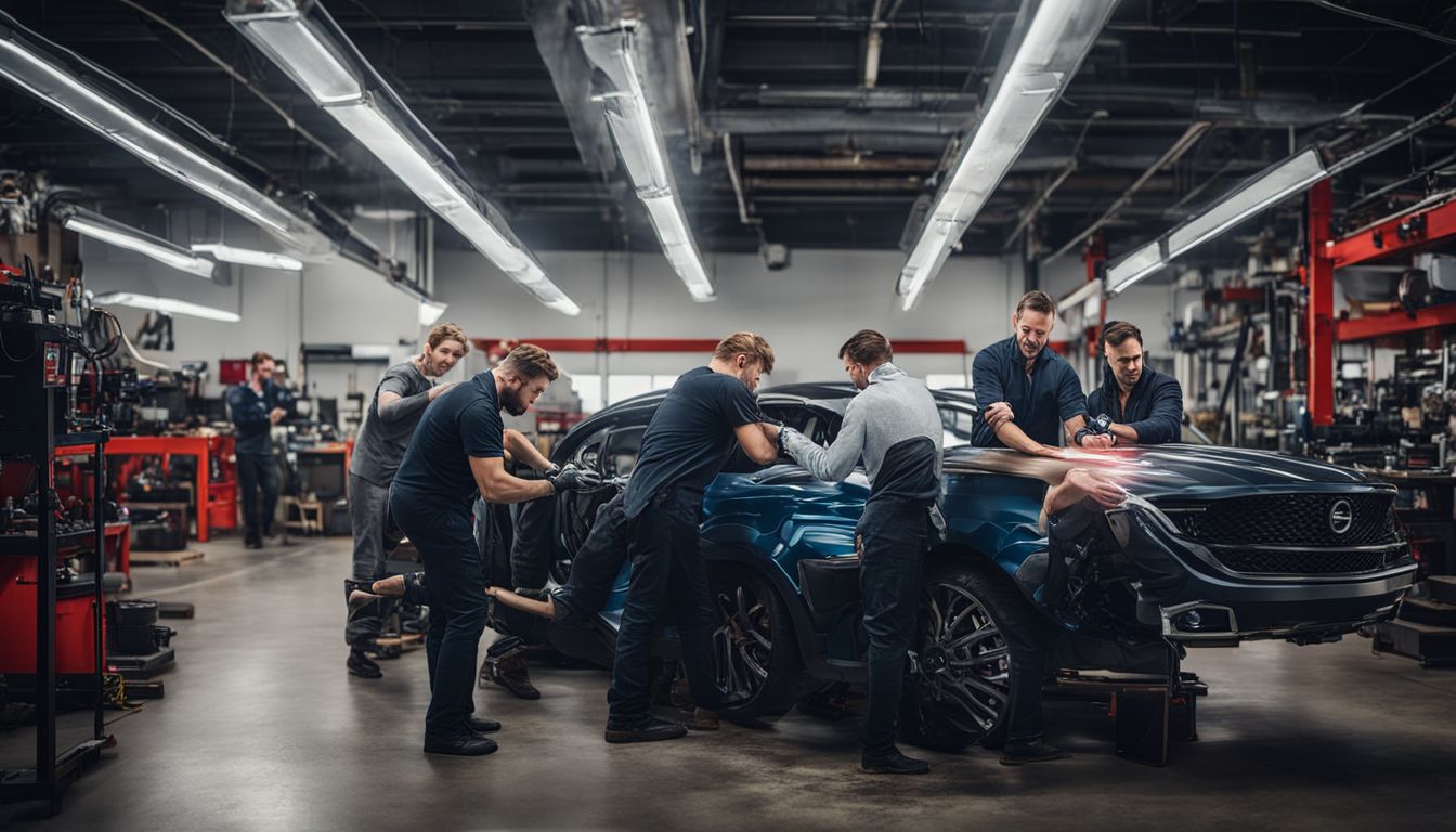 A diverse group of technicians collaborate in a modern automotive repair shop.